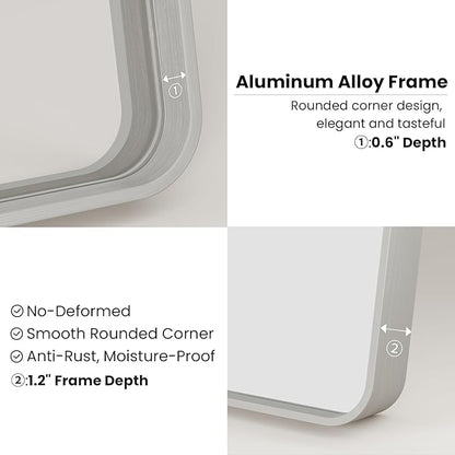 Brushed Nickel Bathroom Mirror 20x30 Inch, Brushed Silver Metal Frame Mirror Wall Mounted, Rounded Rectangle Bathroom Vanity Mirror, Tempered Glass, Anti-Rust, Horizontal/Vertical