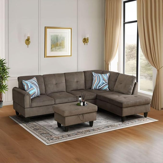 Brown L-Shaped 3-Piece Corduroy Sofa with Storage Ottoman Set, Sectional Couch Sofa Set for Living Room, Office, Small Space