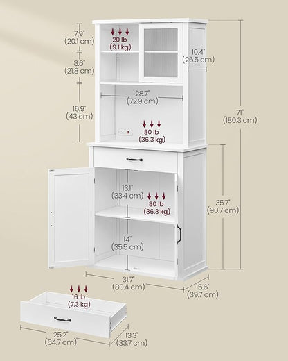 VASAGLE 71" Kitchen Pantry Cabinet with Lights and Charging Station, Coffee Bar Cabinet with Doors and Drawer, Farmhouse Style, Adjustable Shelves, Cloud White UBBK363W11