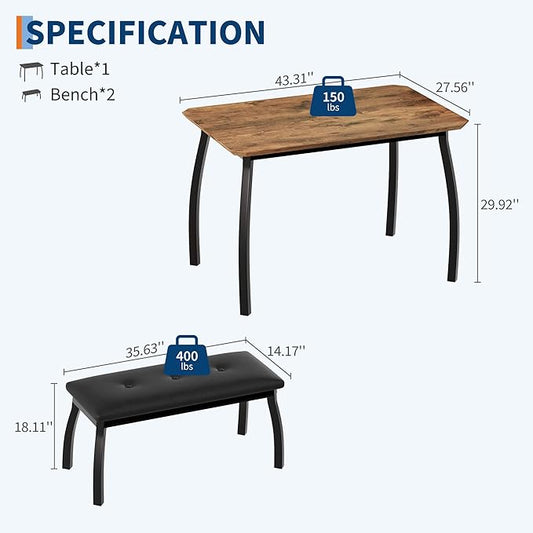 GAOMON Dining Table Set for 4, Metal Frame Kitchen Table Set with 2 Upholstered Bench, 3 Piece Dining Room Table Furniture for Apartment, Studio, Home, Easy Assembly, Retro Brown