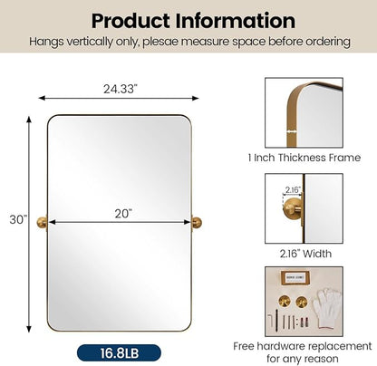 MOON MIRROR Brushed Gold Rectangle Pivot Mirror for Bathroom, Brass Pivoting Vanity，Overall 24.33 x 30 in (Mirror 20x 30 in)