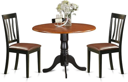 East West Furniture DLAN3-BCH-LC 3 Piece Kitchen Table Set for Small Spaces Contains a Round Dining Room Table with Dropleaf and 2 Faux Leather Upholstered Chairs, 42x42 Inch, Black & Cherry