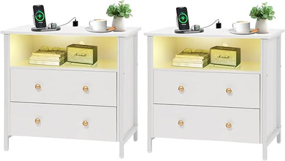 27 Inch Wide Night Stand, Large Wood Night Stand Set 2 with 2 Drawers, LED Nightstand with Charging Station and Adjustable Drawer, Bedside Table for Living Room/Bedroom/Study/Office, White.