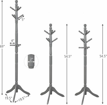 Tangkula Wood Coat Rack Freestanding, Entryway Height Adjustable Coat Stand with 9 Hooks & Stable Tri-Legged Base, Rubber Wood Coat Tree Hall Tree Coat Hanger for Home Office Hall Entryway (Grey)