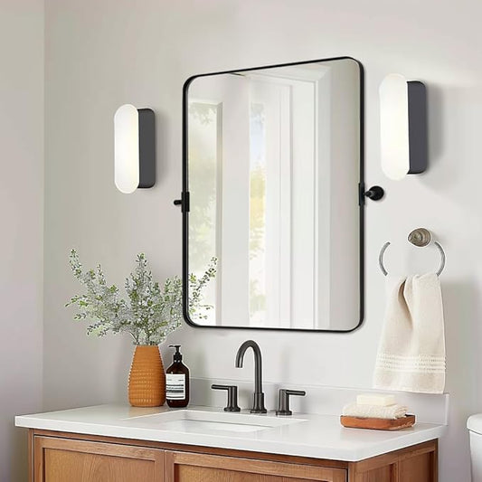 MOON MIRROR 20" x 28" Black Metal Framed Pivot Rectangle Bathroom Mirror, Tilting Rounded Rectangular Vanity Mirror for Wall Mounted Hangs Vertical only
