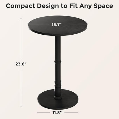 Round Side Table, Solid Wood Pillar, Large 15.7" Top, Small Accent Table for Living Room, Bedroom, Sofa, Entryway & Office, Easy Assembly, Black
