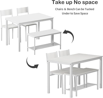 SogesHome 4-Piece Dining Table Set for 4, 43.5'' Space-Saving Kitchen Set with Bench and Chairs, Ideal for Restaurants and Coffee Shops, White