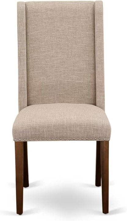 NKFL9-AWA-04-9-Piece Kitchen Table Set Includes a Kitchen Table and 8 Light Tan Linen Fabric Dining Chairs with Padded Chair Back - Antique Walnut Finish.