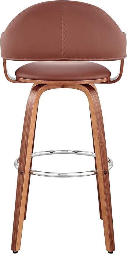 Armen Living Daxton Mid Century Modern Swivel Bar Stool for Kitchen Island Counter in Brown Faux Leather and Walnut Wood, 26" Seat Height
