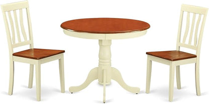 East West Furniture ANTI3-WHI-W 3 Piece Dining Table Set for Small Spaces Contains a Round Kitchen Table with Pedestal and 2 Dining Chairs, 36x36 Inch, Buttermilk & Cherry