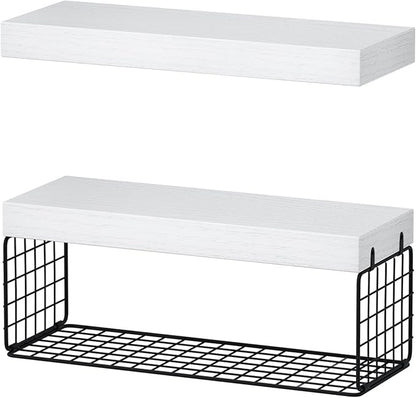 QEEIG Bathroom Shelves Over Toilet - Wall Mounted Floating Shelves Toilet Paper Storage Small Farmhouse Decor Shelf 16 inch Set of 2, White and Black (019-WB2)