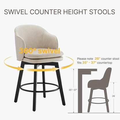 Counter Height Barstools 26 inch Upholstered Swivel Bar Stools with Back and Wood Legs for Kitchen Island,Set of 3,Beige PU Leather