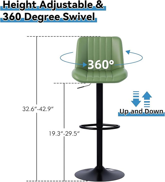 Shintenchi Swivel Bar Stools Set of 4, Adjustable Faux Leather Upholstered Swivel Counter Stools, Armless Bar Height Island Chairs with Back and Footrest, Green