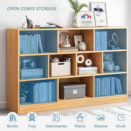 IOTXY Open Shelf Low Bookcase - Wooden 3-Tier Floor Standing Display Cabinet Organizer with Base, 7 Cubes Short Horizontal Bookshelf in Tiffany-Green