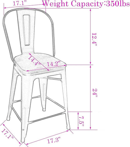 Changjie Furniture 26 Inches Metal Barstools Set of 4 Counter Height Bar Stools Industrial Stools with Backs High Back Chairs for Kitchen Island (26 Inch,Silver)