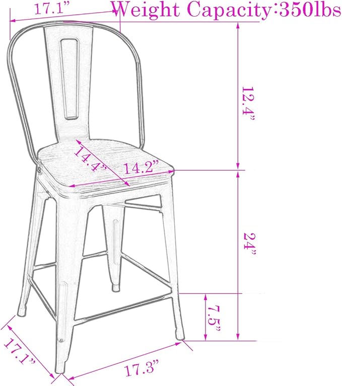 Changjie Furniture 24 Inches Metal Barstools Set of 4 Counter Height Bar Stools Industrial Stools with Backs High Back Chairs for Kitchen Island (24 Inch, Black)