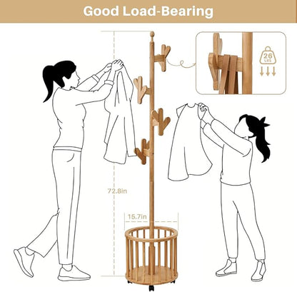 Uniclinens Solid Wood Coat Rack Freestanding with Umbrella Holder, Tree Coat Rack Stand with Lockable Universal Casters & 12 Hooks for Entryway Bedroom, Natural