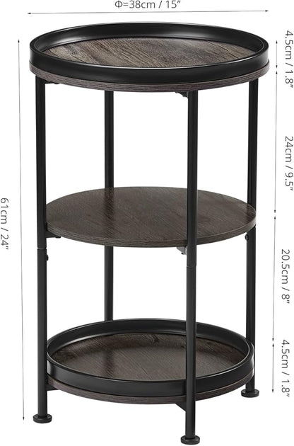 Dulcii Side Table, Round End Table with 3 Shelves for Living Room, Bedroom, Nightstand with Steel Frame for Small Spaces, Industrial Round Sofa Table, Outdoor Accent Coffee Table, Grey