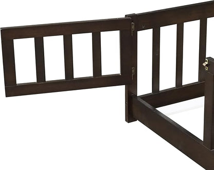 Queen Size Floor Bed Frame with Slats and Safety Guardrail, Wood Queen Size Montessori Floor Bed with Door and Fence, Easy Assemble Montessori Beds for Kids, Girls, Boys, Espresso