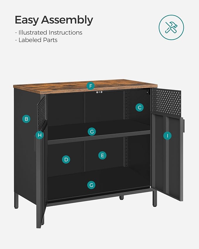 SONGMICS Storage Cabinet, Metal Cabinet, Sideboard with 2 Doors, 15.7 x 31.5 x 29.9 Inches, Magnetic Closure, Adjustable Shelf, Steel Frame, Rustic Brown and Black ULSC102B01