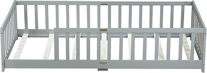 Bellemave Twin Floor Bed with Slats and Safety Guardrails, Kids Montessori Floor Beds with Fence and Without Door, Easy Assemble Floor Bed for Kids, Girls, Boys, Gary