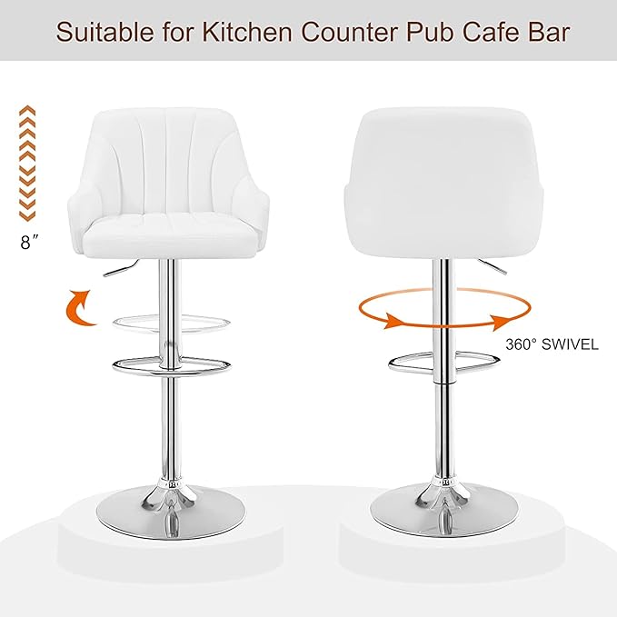 VECELO Bar Stools Set of 4, Adjustable Barstools, Counter Height Stools with Back and Arm, Kitchen Island Stools, Swivel PU Chairs for Pub, Dining Room, Modern Style, White