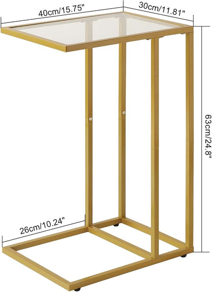 YMYNY C-Shaped End Table, Tempered Glass Sofa Side Table, nightstand for Small Place,Coffee Table for Hallway Office Bedroom Living Room, Metal Frame, Gold, 24.8 * 15.75 * 11.8" UHGD001G