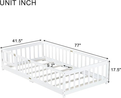 Twin Floor Bed Frame with Slats and Safety Guardrail, Wood Twin Size Montessori Floor Bed with Door and Fence, Easy Assemble Montessori Beds for Kids, Girls, Boys, White