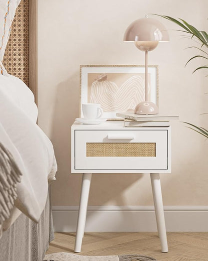 Bedroom Nightstands Wooden Night Stands with Rattan Weaving Drawer Home Bedside End Table for Bedroom Storage (Bohemian-White)