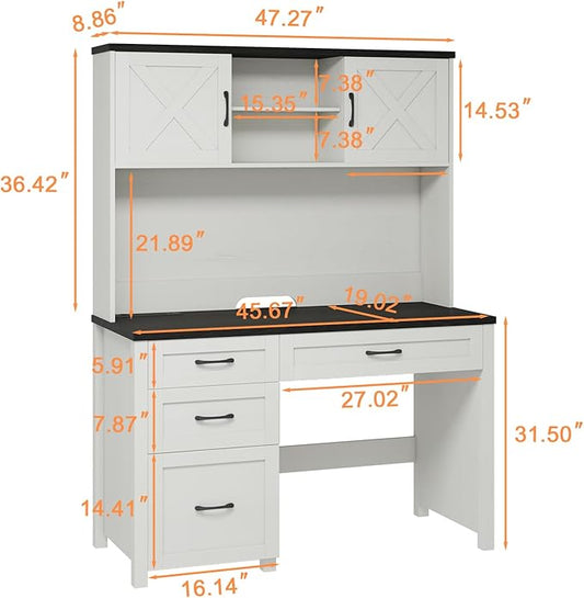 Farmhouse 67" H Executive Desk with Hutch,Office Table with 4 Drawers and LED Light, Computer Desk with Storage Cabinet & File Drawers and Charging Station, Wood Workstation for Home Office,Study