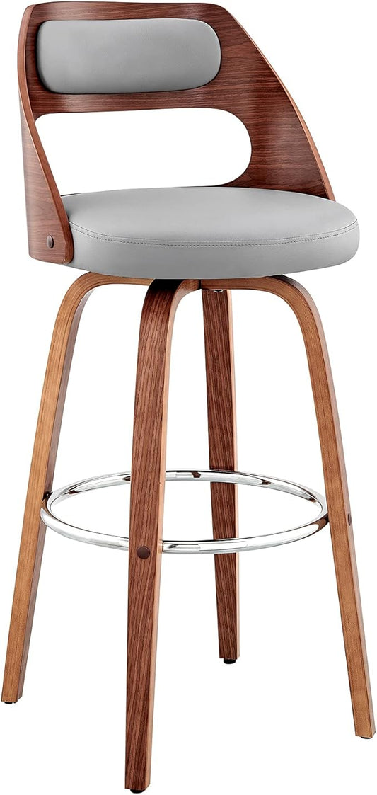 Armen Living Julius Mid Century Modern Swivel Bar Stool for Kitchen Island Counter in Gray Faux Leather and Walnut Wood, 26" Seat Height