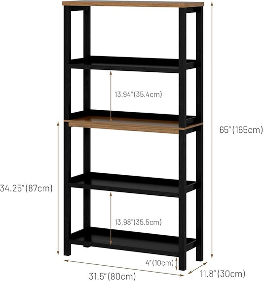 Vlsrka 5 Tier Wooden Bookshelf with Lights, 65" Tall Open Bookcase Storage Rack, Modern Bookshelf with Storage, Free Standing Display Book Shelves for Living Room, Home Office, Black