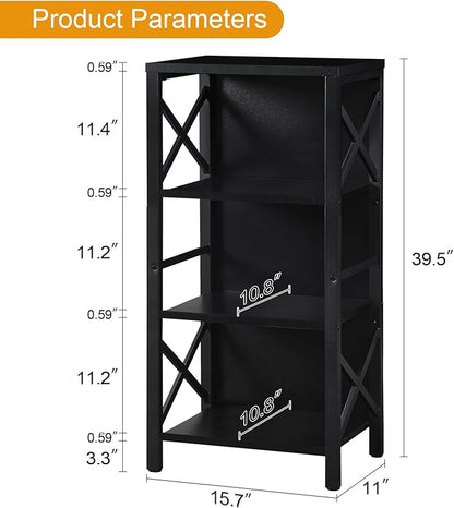 Small Bookshelf,4 Tier Industrial Bookcase with Metal Frame and Backboard,Narrow Black Book Shelf,Office Book case for Small Spaces,Living Room,Bedroom and Home Office