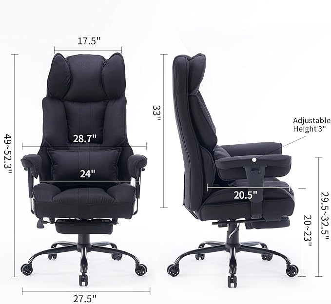Efomao Big and Tall Office Chair 400 lb Weight Capacity, High Back Executive Office Chair with Foot Rest, Fabric Computer Chair for Back Pain Relief, Black