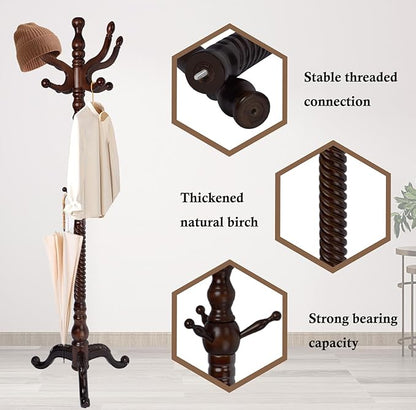 Coat Rack Stand, Solid Wooden Coat Tree with 11 Hooks, Heavy Duty Coat Rack Freestanding with Sturdy Round Base, Natural Birch Wood Coat Hanger Stand for Entryway Bedroom (triangles)
