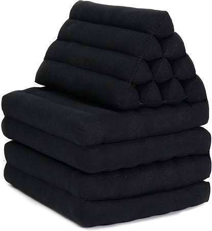 Leewadee Comfortable Japanese Floor Mattress - Thai Floor Bed with Triangle Cushion - Futon Mattress - XL Extra Long Thai Massage Mat, 89 x 20 inches, Black, Kapok Filling
