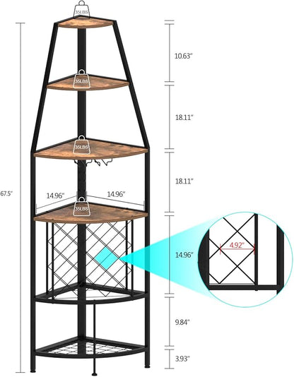 5-Tier Corner Wine Rack with LED Light Floor Standing Wine Rack with Glass Holder and Bottles Wine Storage Home Bar Furniture for Kitchen Living Dining Room (Rustic Brown)