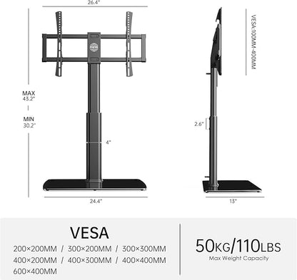 FITUEYES Universal TV Stand Mount for 43-80 85 inch TVs, Swivel Tall TV Mount Stand, Table Top TV Stand Base Replacement, Height Adjustable TV Table Stand, Glass Base, Max Holds 110lbs