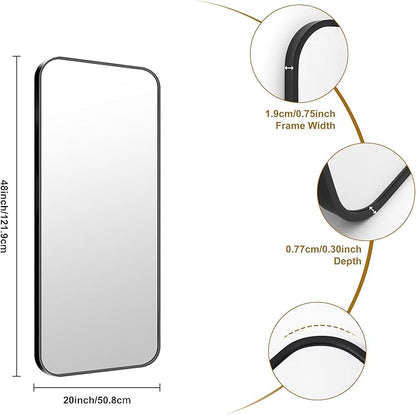 KOCUUY Black Rectangle Mirror, 20" x 48" Metal Frame Mirror with Rounded Corner, Classic Design of Upgraded Shatterproof Glass for Bathroom, Bedroom, Living Room, Entryway