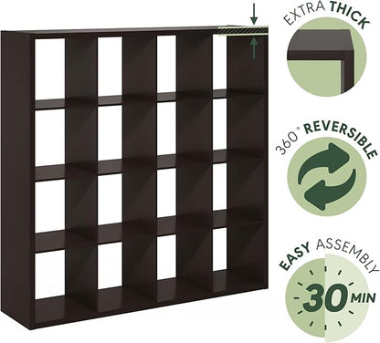 Furinno Cubicle Open Back Decorative Cube Storage Organizer, 16-Cube, Black Dark Oak
