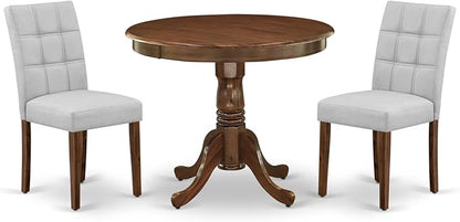 East West Furniture ANAS3-AWA-27 3 Piece Modern Dining Set consists A Dinning Table and 2 Light Gray Polyester Fabric Dinner Chairs, Antique Walnut