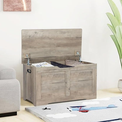 31.5" Storage Chest, Wooden Storage Bench, Lift Top Toy Chest with 2 Safety Hinges, Large Toy Box, Entryway Shoes Bench for Living Room, Bedroom, Grey