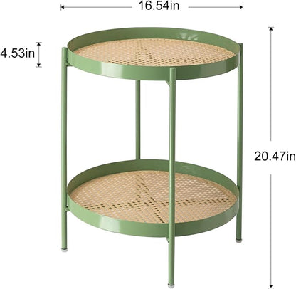 TeoKJ All Metal Side Table, 2 Tier Anti Rust End Table with Imitation Rattan Pattern on Removable Trays, Round Table for Living Room, Small Nightstand for Bedroom 20.47 Inch x 16.54 Inch Green