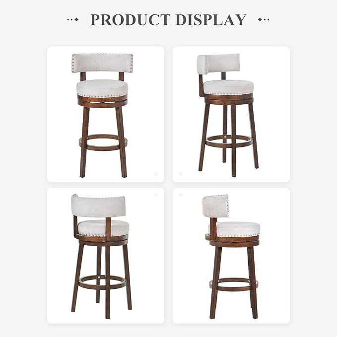 COLAMY Swivel Bar Stools Set of 2, 30 Inch Swivel Bar Height Bar Stools, Wood Swivel Barstools with Back, Modern Upholstered Wooden Barstools for Kitchen Island Dining Room Bar, Beige