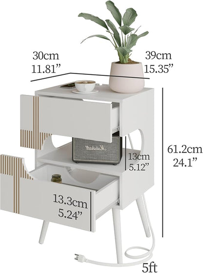 White Nightstand with Charging Station and LED Lights,Modern Bedside Table with 2 Storage Drawer,Night Stand with Solid Wood Legs,White (White-2)