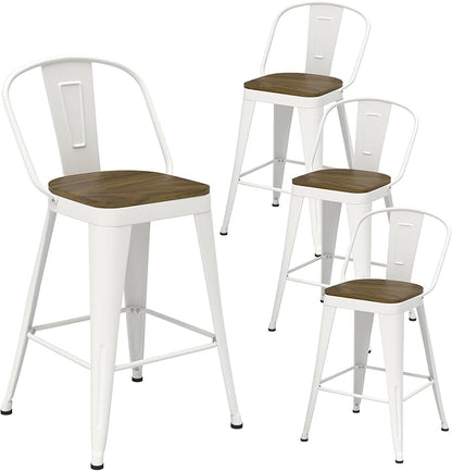 Metal Bar Stools Set of 4, High Back Bar Stools with Wooden Seat, 26 inch White Barstools for Kitchen Island
