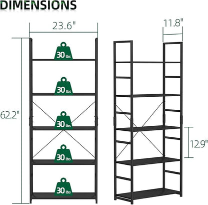OTK 5 Tier Bookshelf, Tall Bookcase, Office Shelf Storage Organizer, Modern Book Shelf for Living Room, Bedroom, and Home Office, Black