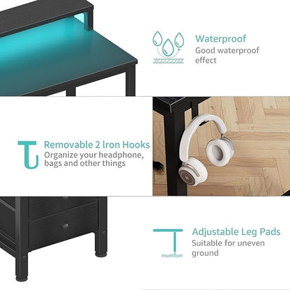 Lufeiya Gaming Desk with LED Lights and Power Outlets, 47 inch Computer Desk with Fabric Drawers, Reversible Home Office Desk with Monitor Stand, Black