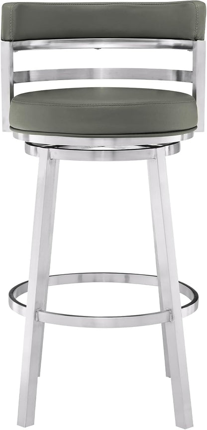 Armen Living Titana 30" Bar Height Swivel Grey Faux Leather and Brushed Stainless Steel Bar Stool
