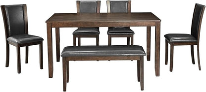 Ball & Cast 6 Piece Dining Table Set with 4 Upholstered Chairs & 1 Bench,Farmhouse Wooden Living Room Furniture for 6 W/ 58.5" Rectangle Kitchen Desk,for Restaurant,Home Bistro,Dining Room,Dark Walnut